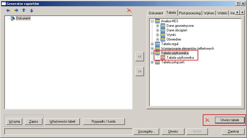 C. Tworzenie własnych tabel Advance Design za pomocą narzędzi dostępnych w oknie "Generator raportów" umożliwia tworzenie tabel użytkownika, zarówno rozpoczynając od pustego dokumentu jak również