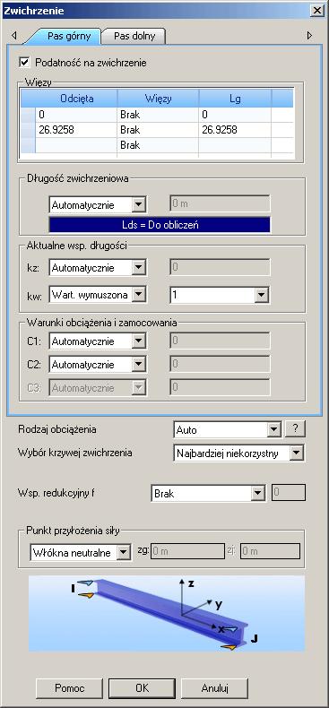 Definicja długości zwichrzeniowych Aby zdefiniować długości zwichrzeniowe dla każdej półki (górnej oraz dolnej), wybierz odpowiadającą jej zakładkę.