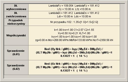 Przypadki z wytężeniem przekraczającym 100% są wyświetlone na czerwono. Zakładka "Stateczność elementu": wyświetla wyniki otrzymane ze sprawdzenia stateczności elementu. 4.
