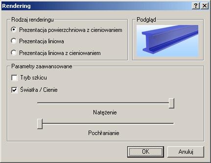 Opcje renderingu Dostęp do poleceń Otwórz okno "Ustawienia wyświetlania" jak pokazano na stronie 42. W tym oknie: kliknij na "Opcje rendering" aby otworzyć okno "Rendering".