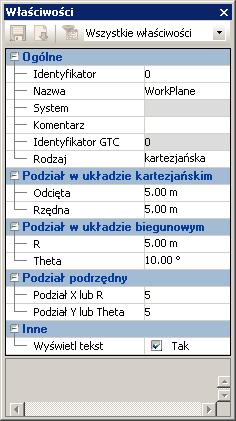 W oknie Właściwości skonfiguruj parametry płaszczyzny roboczej jak poniżej: Z rozwijalnej listy wybierz rodzaj płaszczyzny roboczej (kartezjańska lub biegunowa).