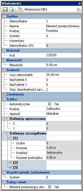 powierzchniowych odnoszą się do charakterystyk elementu skończonego (materiał, grubość, siatkowanie itp.) oraz właściwości projektowych betonu (patrz strona 182).