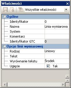 Po wywołaniu narzędzia rysowania z okna Właściwości wybierz typ linii wymiarowej: Wyświetla informację o numerze ID elementu, nazwę, ID systemu, ID GTC.