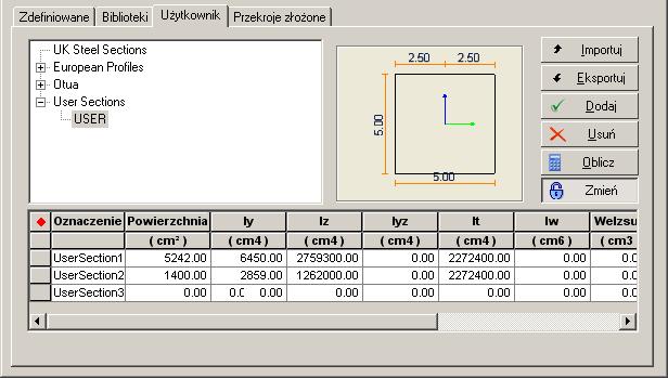 Użytkownik W tej zakładce można zdefiniować nowe rodzaje przekrojów.