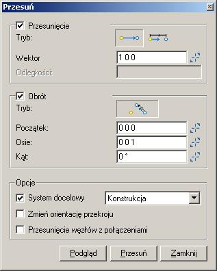 2. Za pomocą polecenia "Przesuń" Dostęp do poleceń Aby otworzyć okno dialogowe "Przesuń": Menu: Zmiana > CAD > Przesuń; Pasek narzędzi Zmiana: kliknij ; W obszarze rysowania: kliknij prawym