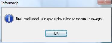 USUWANIE DOKUMENTU KP KW Możliwe jest usunięcie pozycji z bieżącego raportu kasowego ale tylko ostatniej. Aby usunąć dokument KP/KW podświetlamy wybraną pozycję (ostatnią ) i naciskamy przycisk USUŃ.