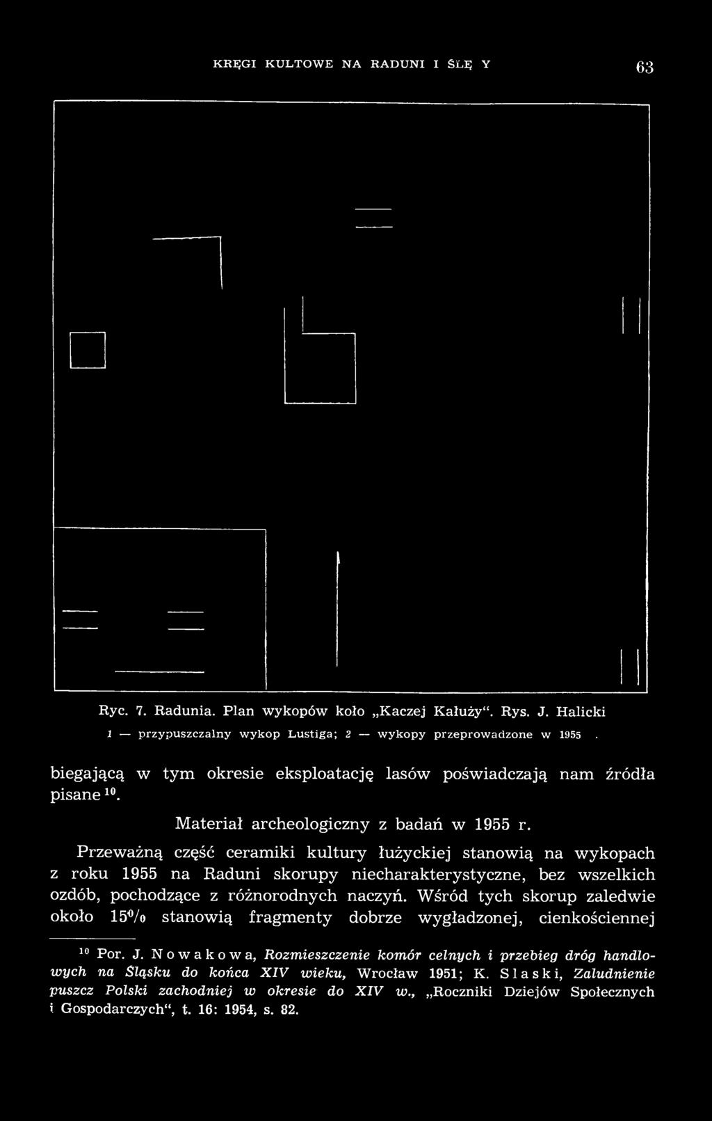 Przeważną część ceramiki kultury łużyckiej stanowią na wykopach z roku 1955 na Raduni skorupy niecharakterystyczne, bez wszelkich ozdób, pochodzące z różnorodnych naczyń.