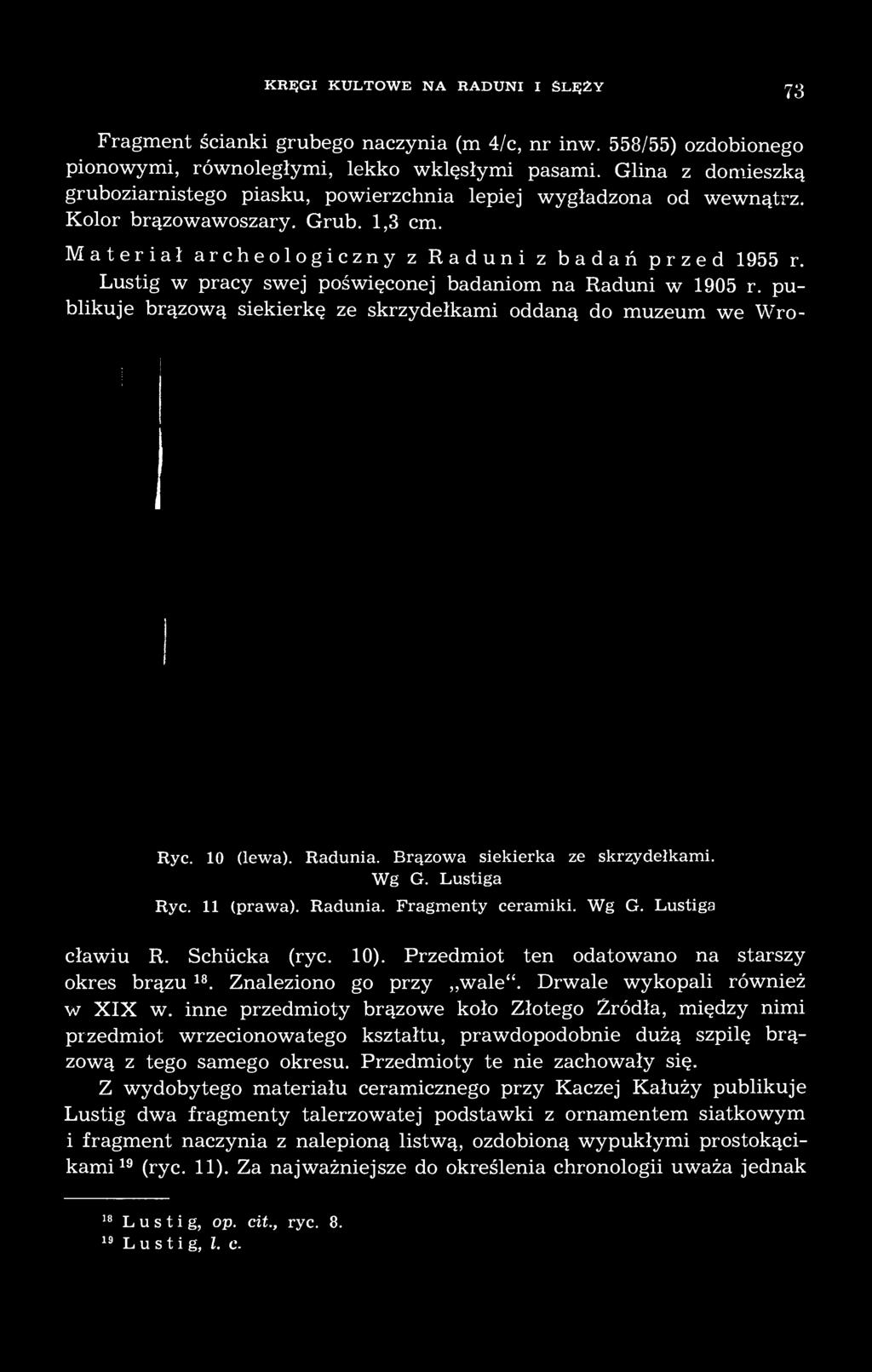 Lustig w pracy swej poświęconej badaniom na Raduni w 1905 r. publikuje brązową siekierkę ze skrzydełkami oddaną do muzeum we Wro- Ryc. 10 (lewa). Radunia. Brązowa siekierka ze skrzydełkami. Wg G.