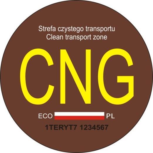 7 Opis: materiał samoprzylepny wodoodporny, barwa tła brązowa, barwa napisu CNG żółta, grubość linii liter CNG 2-3 mm, wysokość liter CNG 20-22 mm, szerokość liter napisu CNG 13-15 mm,