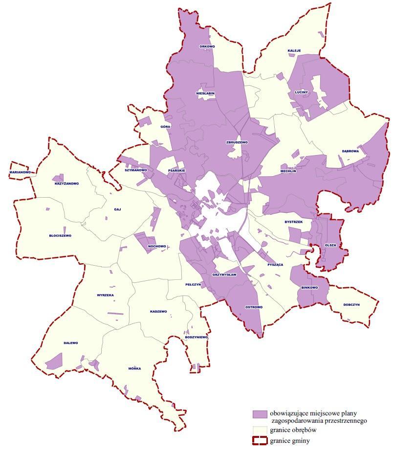 20 Raport o stanie gminy Śrem za rok 2018 Tereny objęte miejscowymi planami zagospdoarowania przestrzennego W przypadku, gdy dla określonego terenu nie uchwalono miejscowego planu