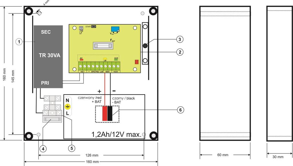 2) TAMPER; mikrowyłącznik ochrony antysabotażowej (NC) F MAINS bezpiecznik w obwodzie zasilania 230V,