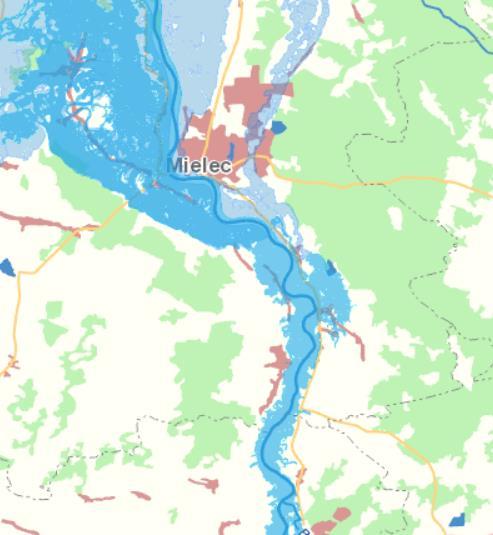 W ostatnich latach na terenie gminy nie odnotowano występowania powodzi i podtopień. Rysunek 9. Zagrożenie powodziowe na terenie gminy Mielec. Źródło: http://mapy.isok.gov.pl/imap/ 11.