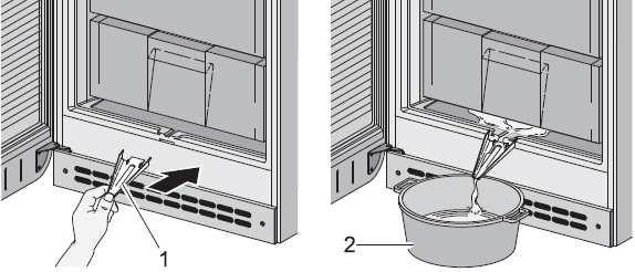 - 16 - czyszczenia wnętrza. Pozostawić drzwiczki zamraŝarki otwarte w celu roztopienia szronu. Rynienkę spustową wody (1) umieścić w jej łoŝu. Pod rynienką ustawić naczynie do zbierania wody (2).