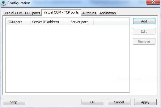 Otworzy nam się okno konfiguracji, w którym wybieramy zakładkę Virtual COM TCP ports, po czym klikamy Add.
