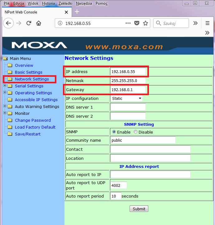 - Wchodzimy w gałąź Serial Settings Port 1 - Dostosowujemy ustawienia portu COM (Prędkość,