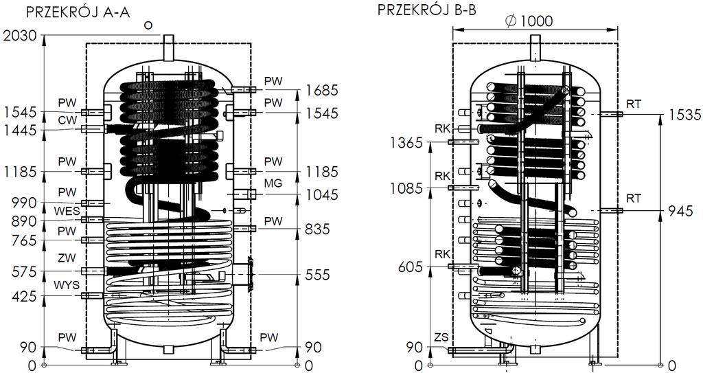 Rys. 2 Budowa i wymiary zbiornika WGJ-B inox 500