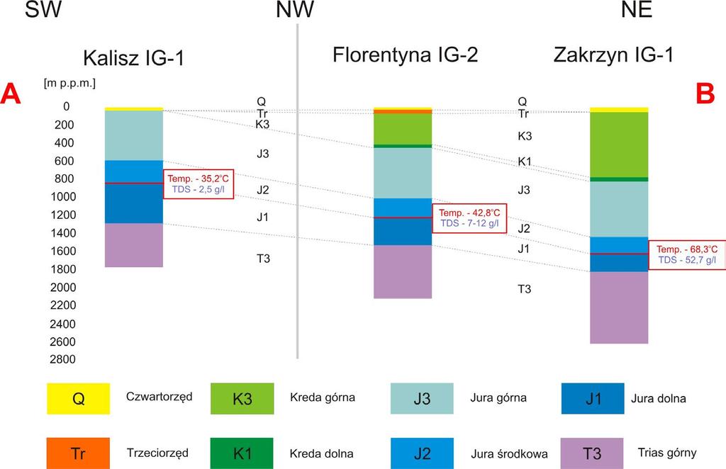 1) głębokich otworów wiertniczych w rejonie Kalisza wraz wartościami temperatury i mineralizacji (TSD) w stropie zbiornika jury dolnej (na podstawie danych CBDG 2017; Wachowicz-Pyzik i in.