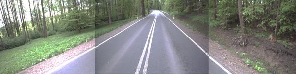 panoramiczny obraz pasa drogowego. Przykład obrazu pasa drogowego uzyskanego ze zdjęć zarejestrowanych przez trzy kamery (przednia, lewa i prawa) przedstawia rysunek 2.