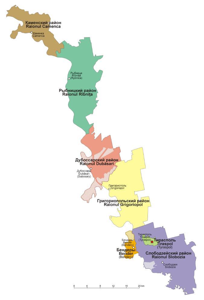 15. (2 pkt) Powyższa mapa przedstawia podział administracyjny państwa nieuznawanego w Europie. Jakiego? a) Osetii Południowej, b) Górskiego Karabachu, c) Kosowa, d) Naddniestrza. 16.