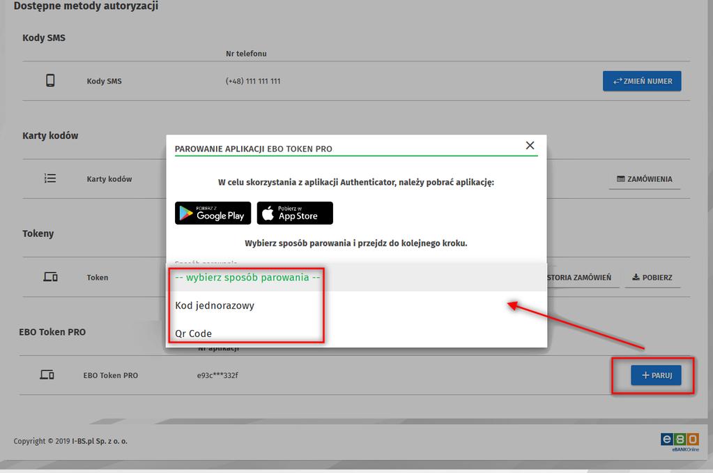 Rysunek 7: Metody autoryzacji - EBO Token PRO Po użyciu przycisku PARUJ wyświetli się formatka parowania aplikacji EBO Token PRO.