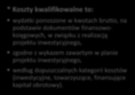 Przeznaczenie środków z kredytów objętych gwarancją Biznesmax - przykłady Kredyty nieodnawialne udzielone w złotych, przeznaczone na finansowanie całości lub części kosztów kwalifikowalnych*: Koszty