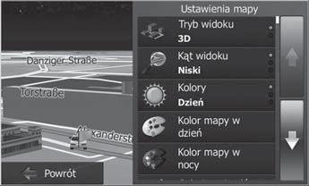 Nawigacja Odtwarzanie nośników DVD/CD/USB/SDHC/iPod Ustawienia mapy Ustawienia mapy umożliwiają ustawienie trybu widoku (2D lub 3D), kąta widzenia mapy, kolorów, jak również wyświetlania na mapie