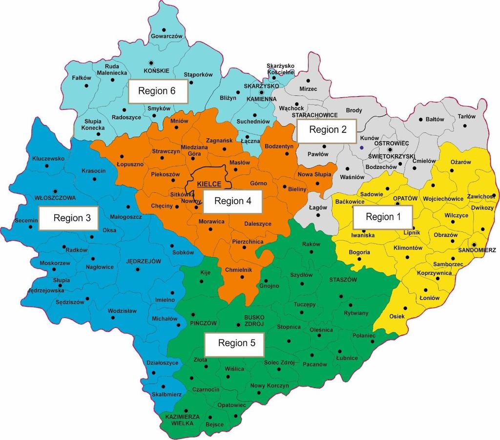 Rysunek 1 Regiony gospodarki odpadami komunalnymi w województwie świętokrzyskim wg stanu na dzień 31.12.2016 r. 2.1. Zapobieganie powstawaniu odpadów Edukacja ekologiczna mieszkańców była głównym środkiem służącym zapobieganiu powstawaniu odpadów wdrożonym w województwie w latach 2014-2016.