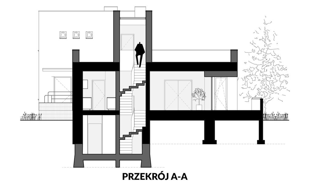 PRZEKRÓJ I ELEWACJE Przekrój wyraźnie pokazuje niełatwą naturę rozbudowy budynku po wyburzeniu wszelkiej struktury z lat 90-tych dostał on praktycznie nowe, pogłębione fundamenty i zbudowane