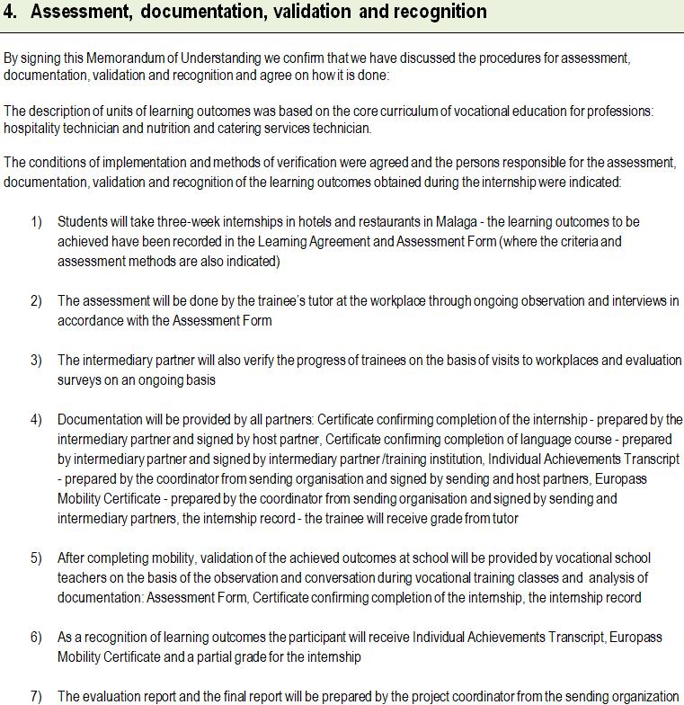 Porozumienie o Partnerstwie - Memorandum of Understanding OCENA, DOKUMENTOWANIE, WALIDACJA I UZNANIE opis efektów uczenia się został