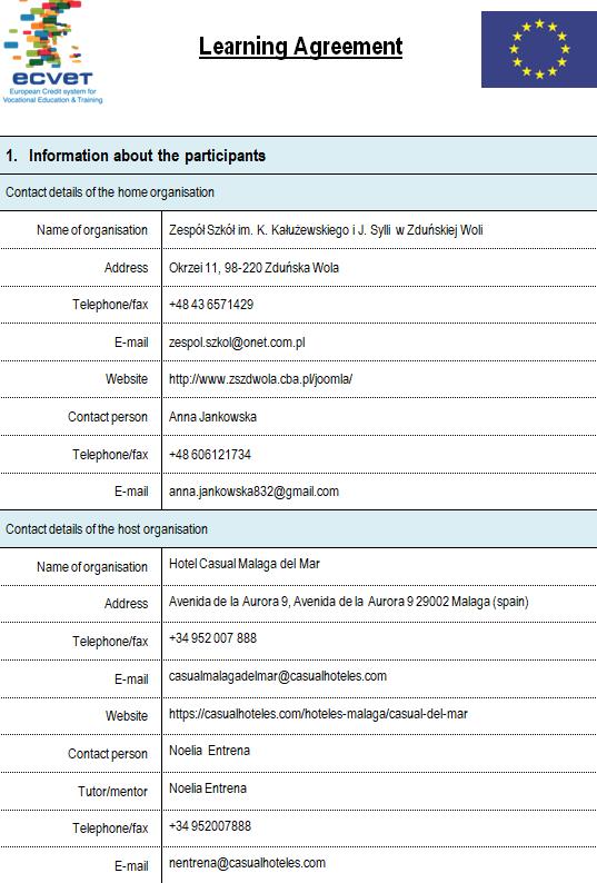 Porozumienie o Programie Zajęć - Learning Agreement przygotowane przez koordynatora projektu ze szkoły we współpracy z nauczycielami przedmiotów zawodowych w języku polskim i angielskim podpisane