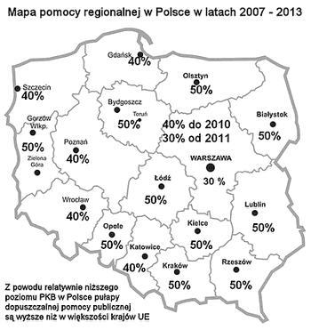 Dopuszczalną wysokość pomocy dla kaŝdego regionu Polski określa Mapa pomocy regionalnej.