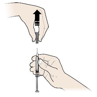 A Krok 2.: Przygotowanie bezpośrednie Ostrożnie zdjąć szarą nasadkę z igły prosto w osi ampułko-strzykawki trzymanej z dala od ciała pacjenta.