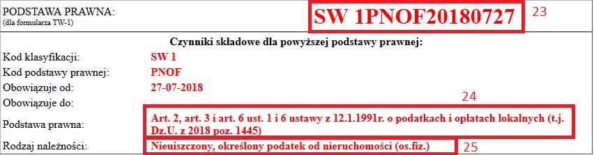 Powstały kod powinien wyglądać tak (23), jednocześnie została wygenerowana podstawa prawna (24), którą można