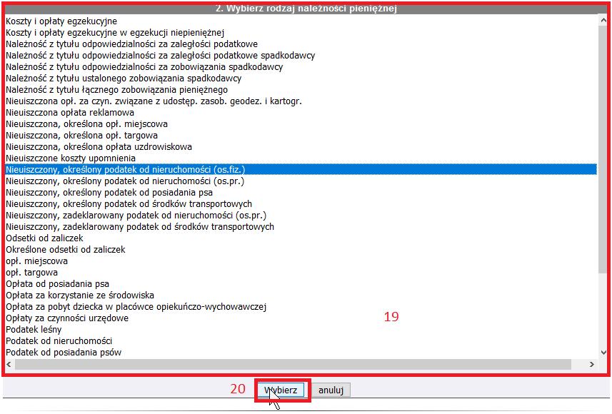 Kolejnym etapem jest wybranie rodzaju należności (19) i ponowne zatwierdzenie (20).