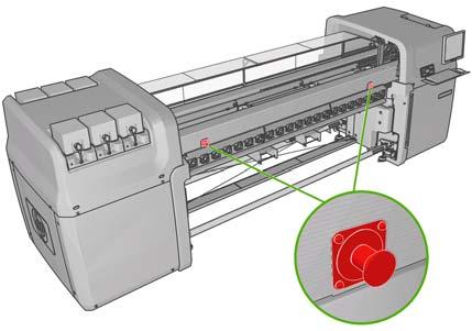 Awaryjne przyciski zatrzymania Wokół drukarki rozmieszczone są cztery awaryjne przyciski zatrzymania.