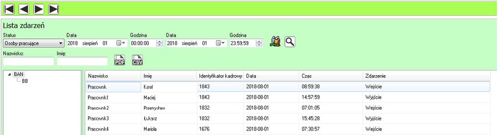 4. Lista zdarzeń Zakładka Lista zdarzeń umożliwia wyświetlenie wszystkich zdarzeń które miały miejsce w określonym przez nas wcześniej czasie dla poszczególnych osób lub grup.