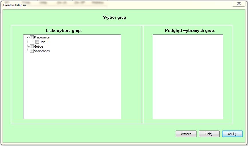 Kolejny krok to wybranie grup personelu dla których będzie przygotowany bilans. Aby wybrać grupę należy zaznaczyć pole znajdujące się przed jej nazwą po lewej stronie.