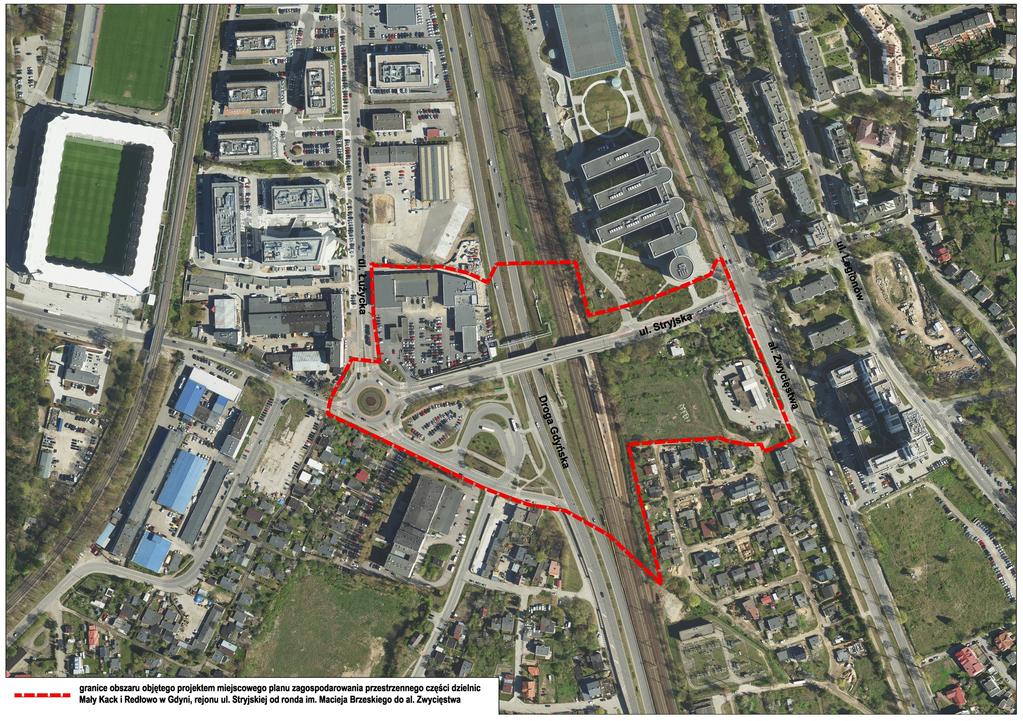 Głównym założeniem projektu planu miejscowego jest wykorzystanie wyjątkowego potencjału lokalizacji w bezpośrednim sąsiedztwie przystanku SKM i przystanków ZKM oraz Pomorskiego Parku