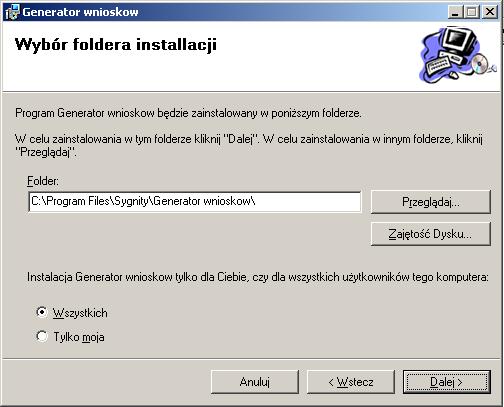 Po wciśnięciu przycisku Dalej należy potwierdzić instalację i Generator wniosków zostanie zainstalowany. II.