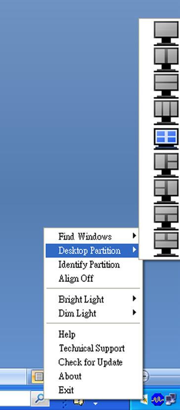 Menu uruchamiane kliknięciem lewego przycisku myszy Kliknij lewym przyciskiem myszy ikonę Desktop Partition (Partycja pulpitu), aby szybko wysłać aktywne okno do dowolnej partycji bez konieczności