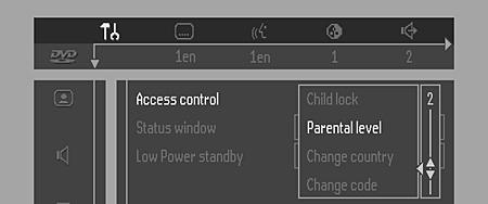 Włączanie/wyłączanie nadzoru rodzicielskiego 1 Zatrzymaj odtwarzanie płyty i, za pomocą przycisków 3/4 wybierz z menu funkcji opcję ACCESS CONTROL (kontrola dostępu). 2 Wprowadź swój kod 4-cyfrowy.