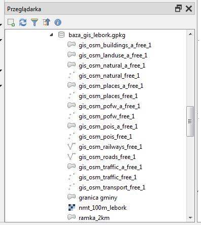 Następnie przytnij w ten sam sposób wszystkie pozostałe warstwy shp znajdujące się w katalogu z warstwami OpenStreetMap. Jest ich tam kilkanaście.