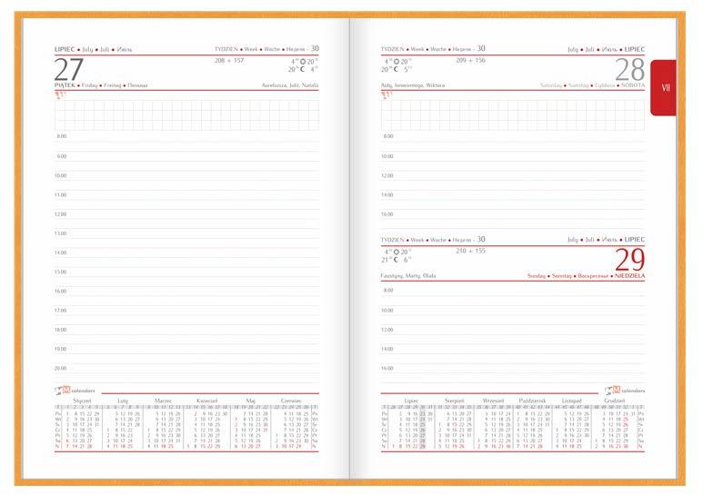 Dzienny A5 Vivella Format bloku: 145 x 204 mm Układ: dzień na stronie, sobota i niedziela na jednej stronie Objętość: 368 stron Druk: szaro - bordowy Tasiemka: satynowa bordowa dodatkowo wzmocniony