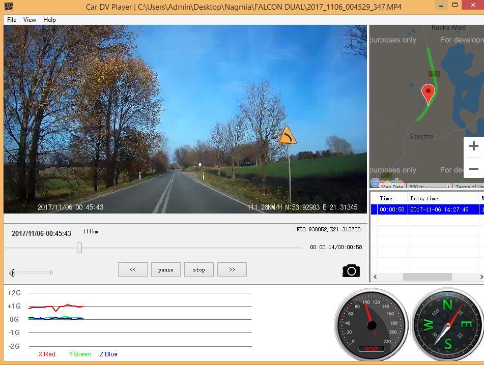 ODTWARZANIE PRZEJECHANEJ TRASY: Urządzenie, za pomocą GPS, zapisuje przejechaną trasę oraz prędkość pojazdu.
