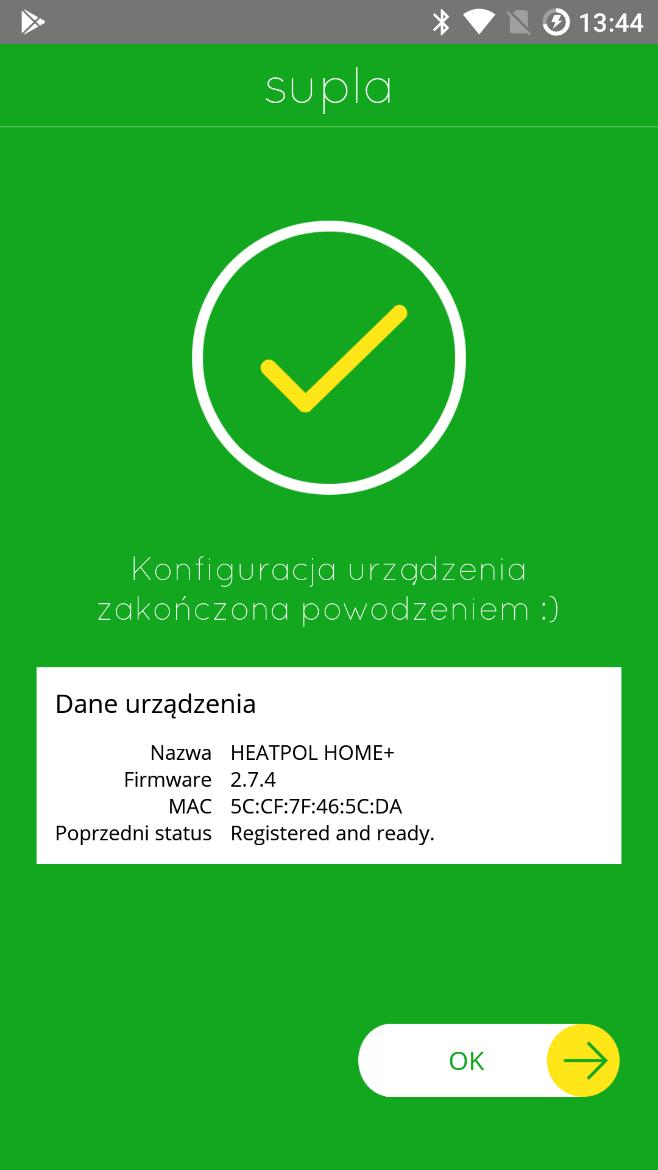 Jeżeli wszystko przebiegło pomyślnie wyświetli się podsumowanie widoczne poniżej, a po naciśnięciu OK, Twoja grzałka