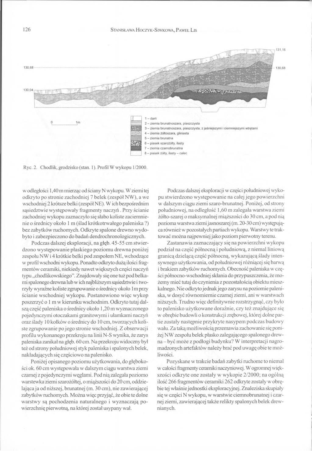 126 S tanisława H oczyk-s iwkowa, P aweł L is Rye. 2. Chodlik, grodzisko (stan. 1). Profil W wykopu 1/2000. w odległości 1,40 m mierząc od ściany N wykopu.