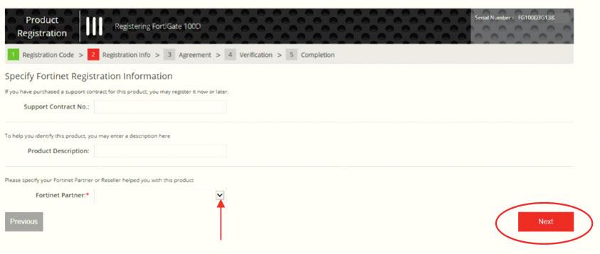 Wskaż nazwę firmy, u której zakupiłeś produkt Fortinet (Your Fortinet Partner), a następnie kliknij Dalej (Next). 7.