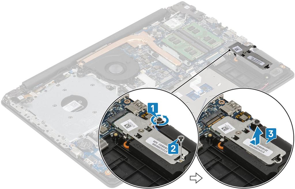 4 Odwróć podkładkę termoprzewodzącą. 5 Wykręć śrubę (M2x2) mocującą kartę SSD do podkładki termoprzewodzącej [1]. 6 Zdejmij kartę SSD z podkładki termoprzewodzącej [2]. Instalowanie dysku SSD M.