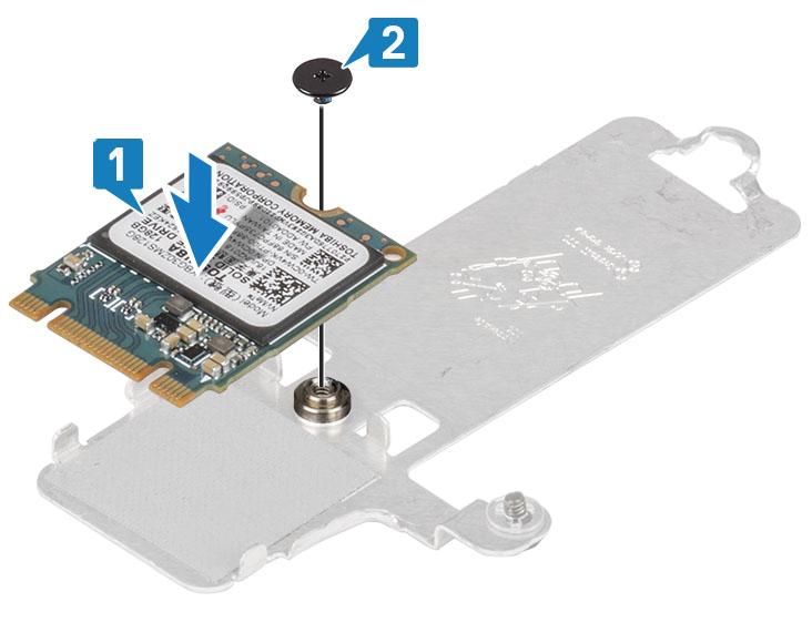 3 Dopasuj wycięcie na dysku SSD do wypustki w gnieździe dysku SSD. 4 Wsuń kartę SSD do gniazda SSD [1]. 5 Dokręć śrubę mocującą podkładkę termoprzewodzącą do zestawu podparcia dłoni i klawiatury [2].
