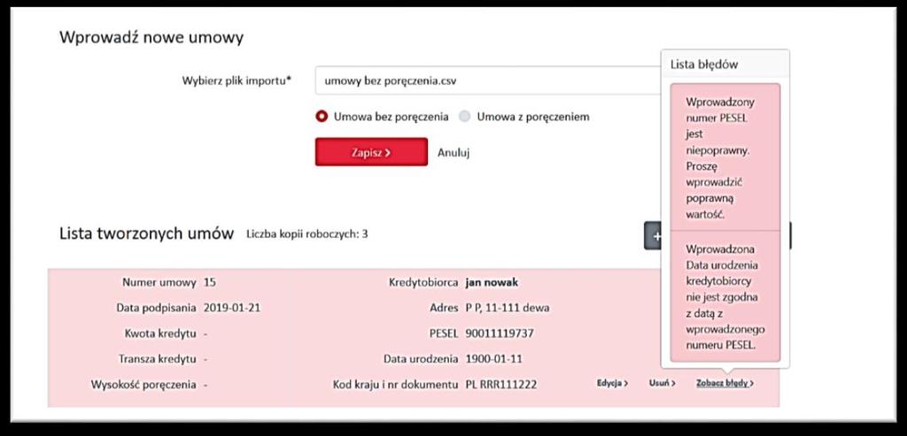 (Rys. 27) W celu poprawienia błędu należy użyć akcji (Ekran 29), po dokonaniu zmian należy użyć akcji Lista tworzonych umów., pojawi się wówczas ekran Edytuj umowę.